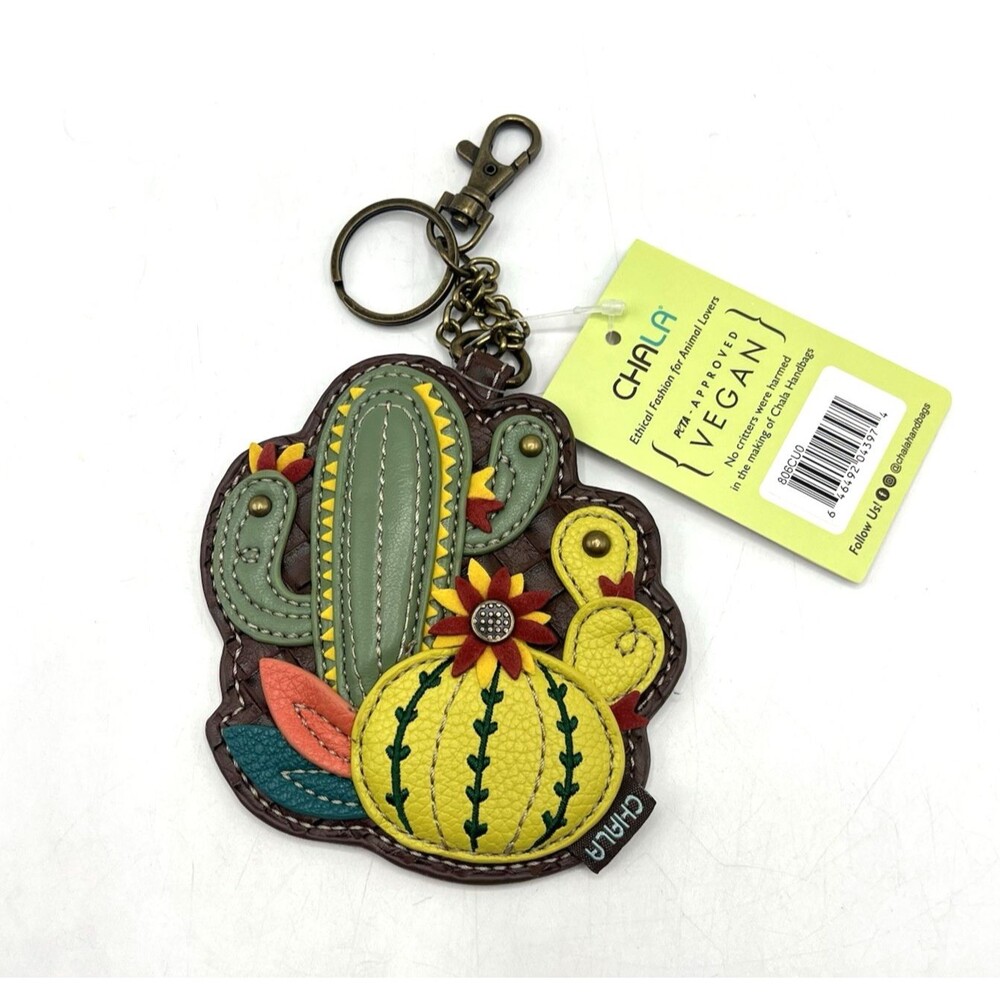 Chala Cactus Key Fob Coin Purse Pebbled Faux Leather Keychain Floral Vegan NEW